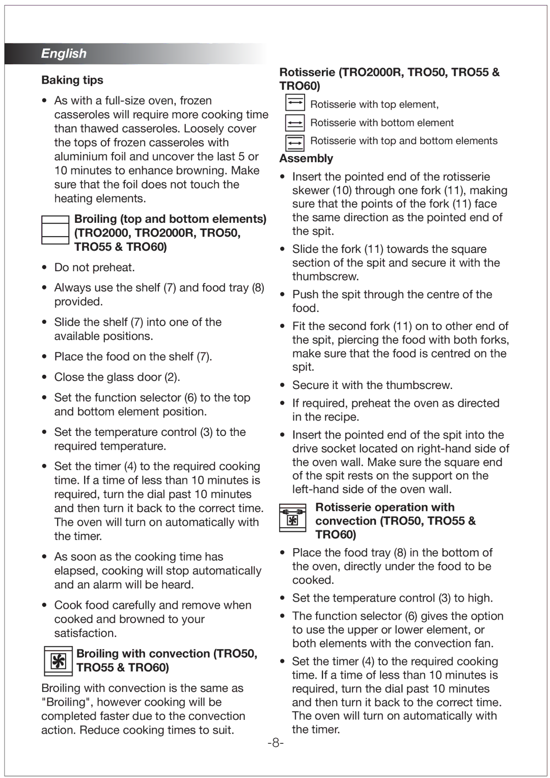 Black & Decker TRO2000R manual Baking tips, Broiling with convection TRO50, TRO55 & TRO60, Assembly 
