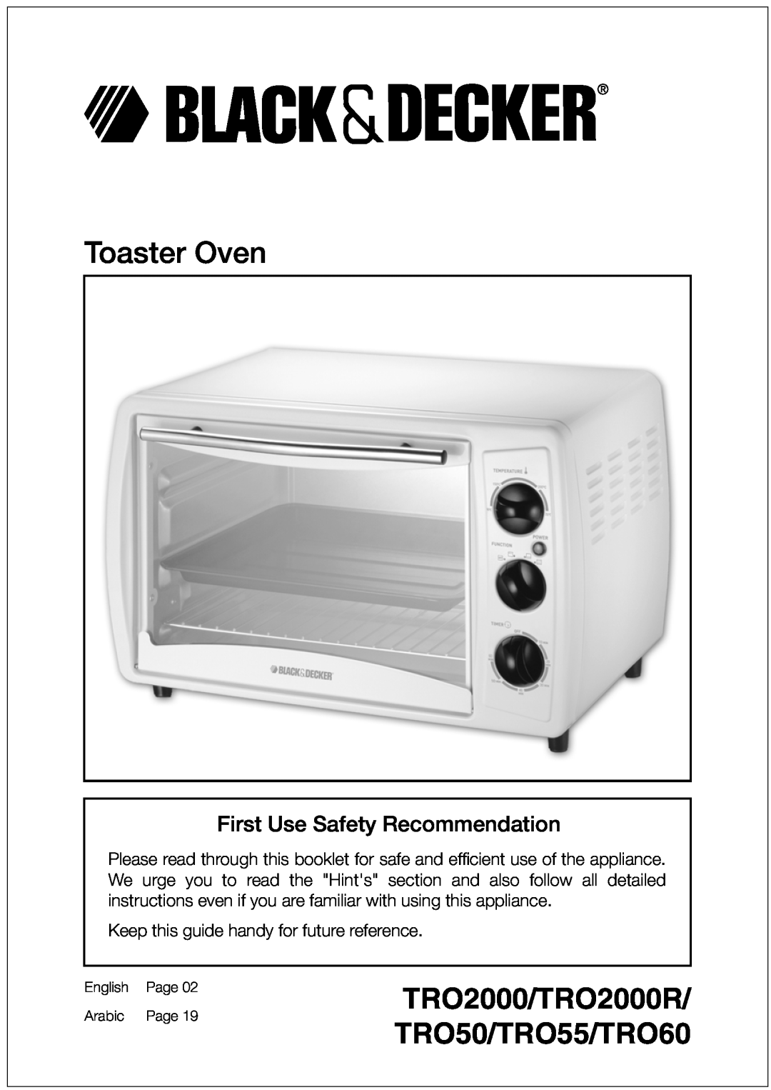 Black & Decker manual Toaster Oven, TRO2000/TRO50 TRO55/TRO60, First Use Safety Recommendation, English, Farsi, Arabic 