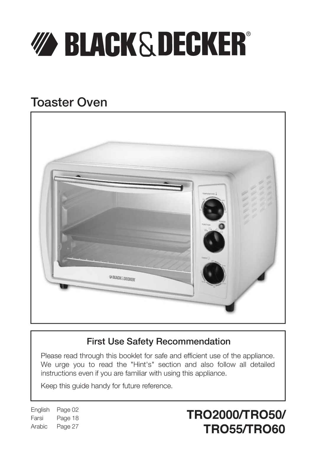 Black & Decker TRO50, TRO55, TRO2000 manual Toaster Oven, English Farsi Arabic 