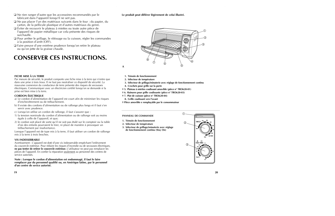 Black & Decker TRO620 manual Conserver CES Instructions, Fiche Mise À LA Terre, Cordon Électrique, VIS Indesserrable 