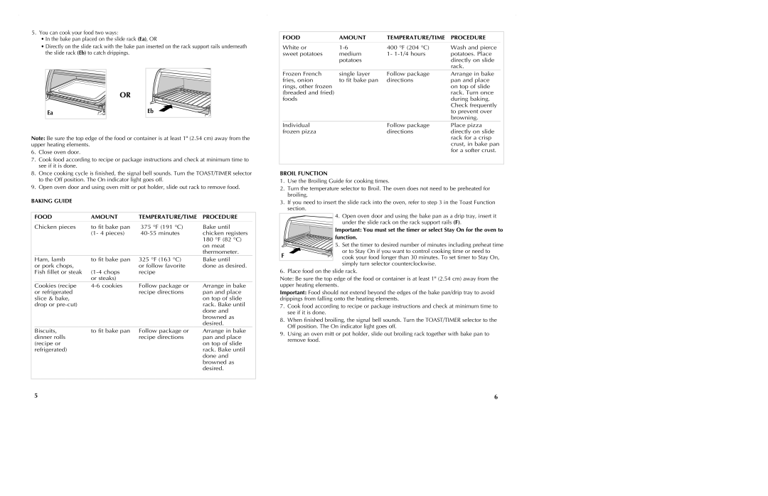 Black & Decker TRO620 manual Food Amount TEMPERATURE/TIME Procedure, Baking Guide, Broil Function 