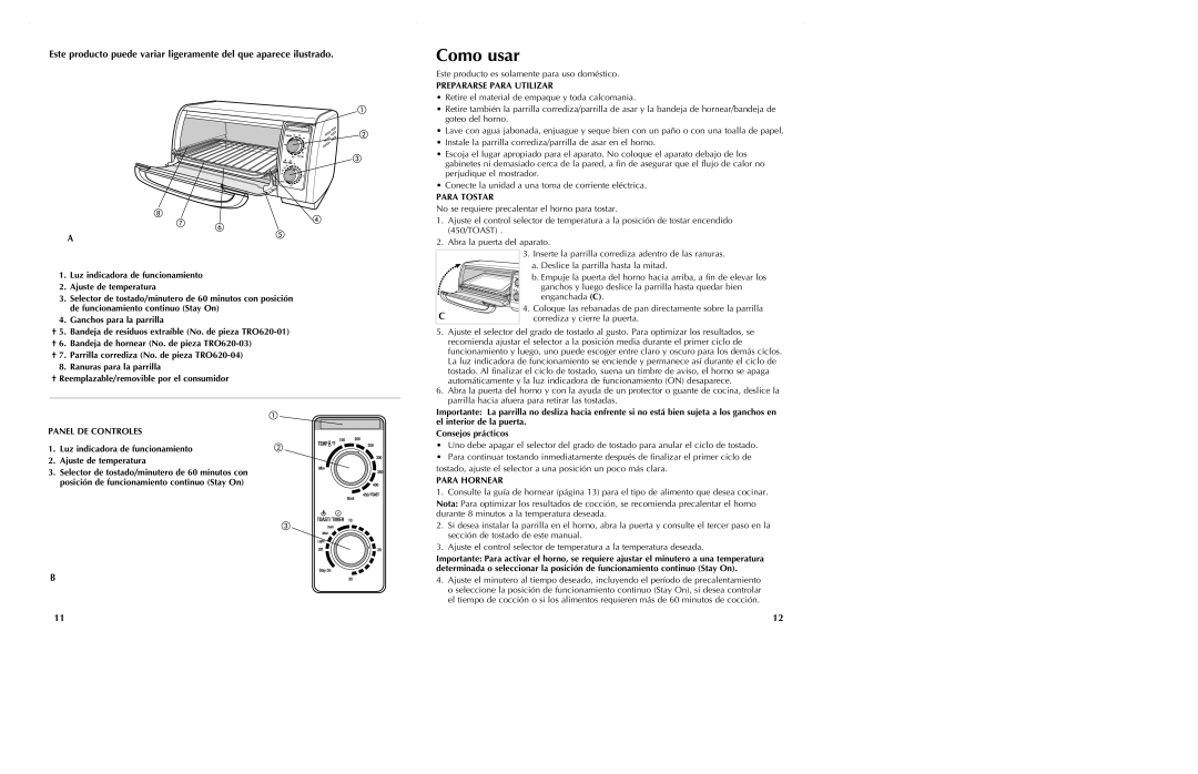 Black & Decker TRO620 manual Como usar, Panel DE Controles, Prepararse Para Utilizar, Para Tostar, Para Hornear 