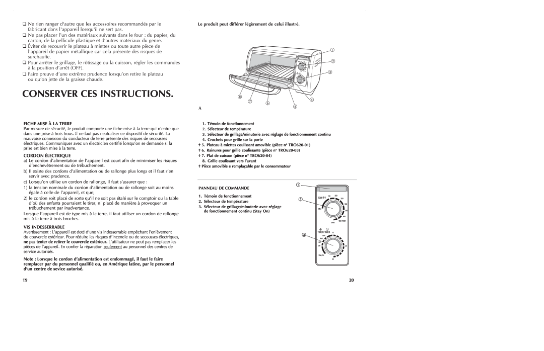 Black & Decker TRO620 manual Conserver Ces Instructions, Fiche Mise À La Terre, Cordon Électrique, Vis Indesserrable 