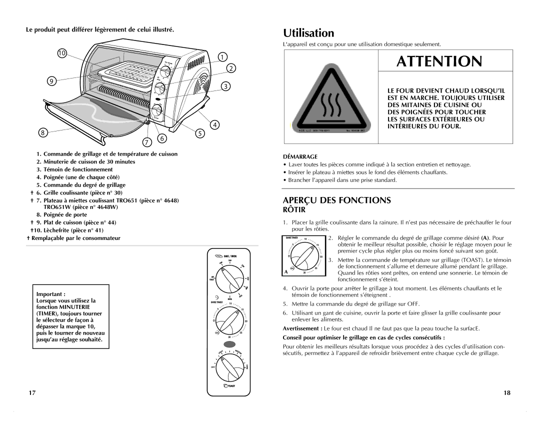 Black & Decker TRO651 Utilisation, Aperçu DES Fonctions, Rôtir, Le produit peut différer légèrement de celui illustré 