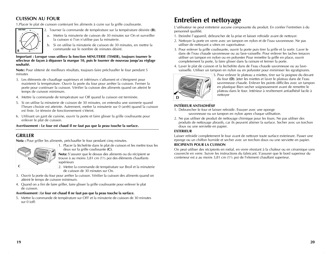 Black & Decker TRO651W manual Entretien et nettoyage, Cuisson au four, Griller, Intérieur Antiadhésif 