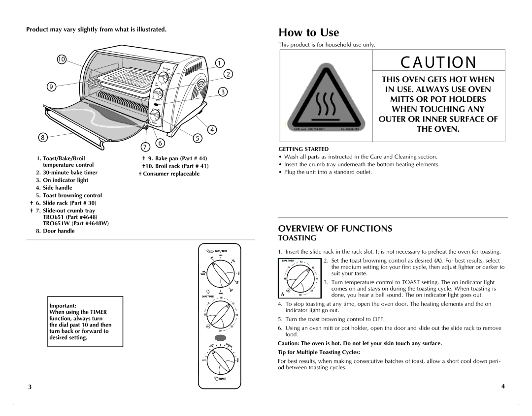 Black & Decker TRO651W How to Use, Overview of Functions, Toasting, Product may vary slightly from what is illustrated 