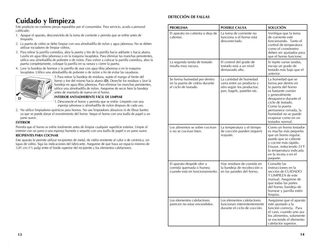 Black & Decker TRO651 Cuidado y limpieza, Detección DE Fallas, Problema Posible Causa Solución, Recipientes para cocinar 