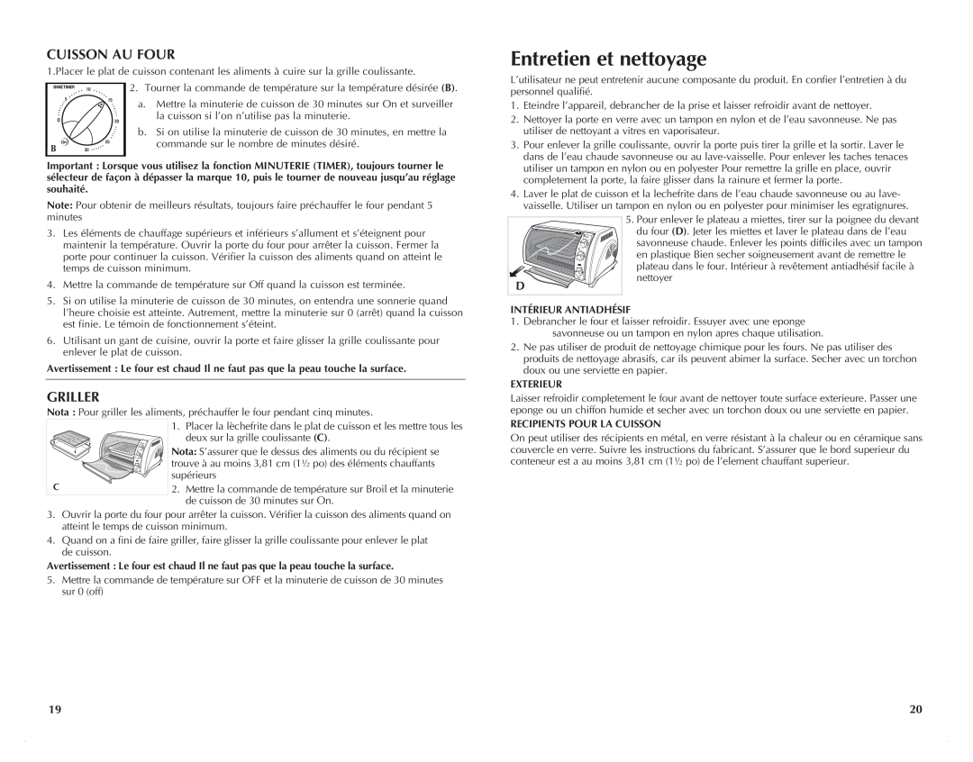 Black & Decker TRO651W manual Entretien et nettoyage, Cuisson au four, Griller 