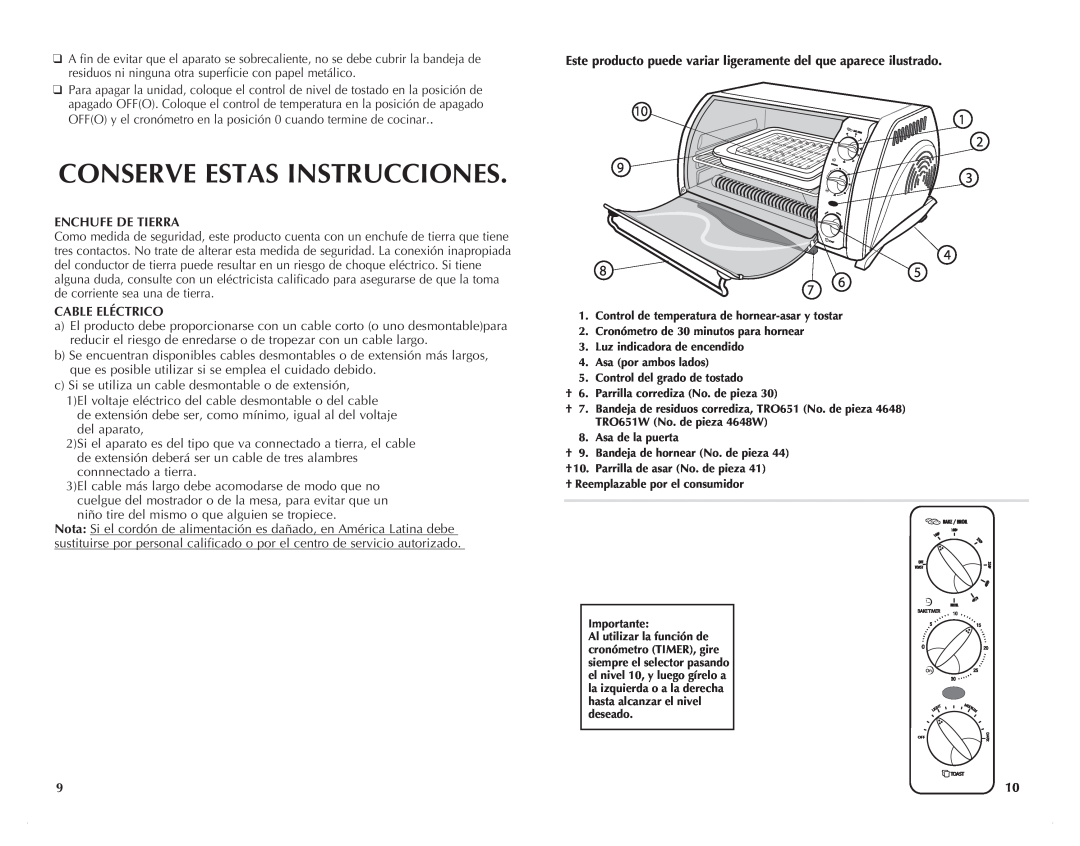 Black & Decker TRO651W manual Conserve Estas Instrucciones, Enchufe De Tierra, Cable Eléctrico 