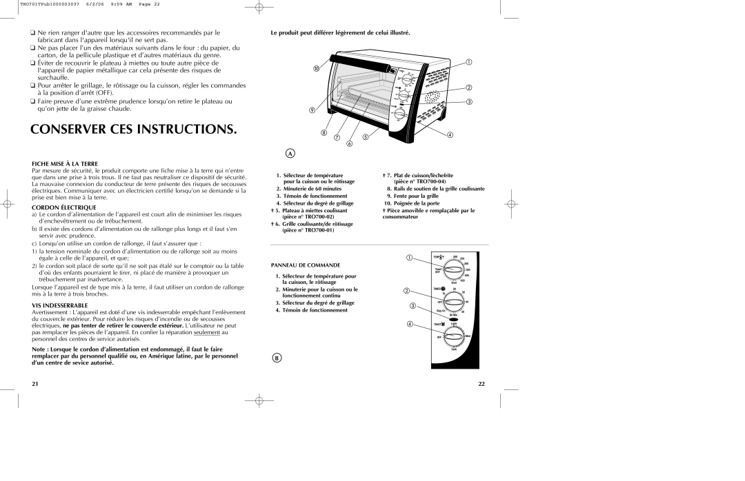 Black & Decker TRO700b manual Conserver CES Instructions, Fiche Mise À LA Terre, Cordon Électrique, VIS Indesserrable 