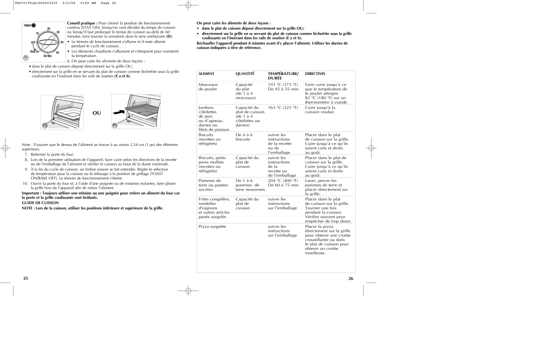 Black & Decker TRO700b manual Température, Durée, La température, Refermer la porte du four, Guide DE Cuisson 