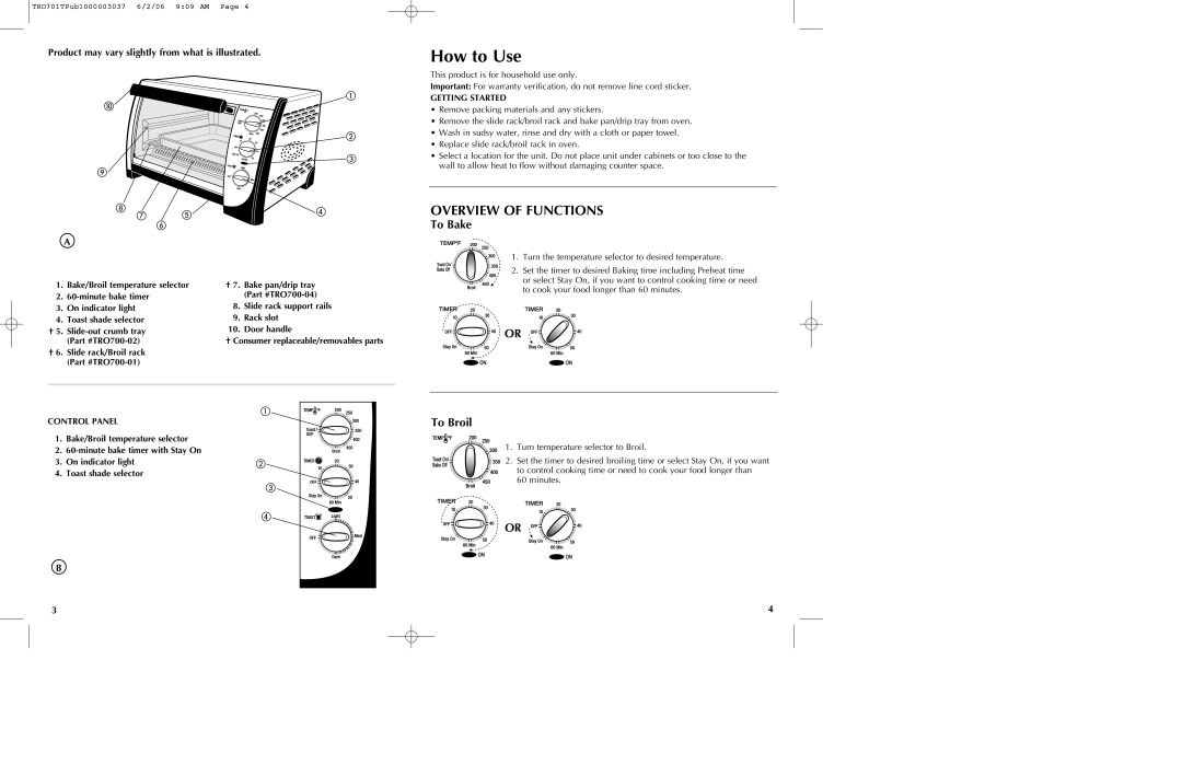 Black & Decker TRO700b manual How to Use, To Bake, To Broil, Product may vary slightly from what is illustrated 