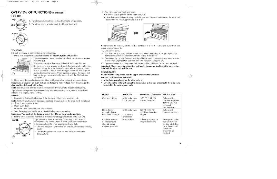 Black & Decker TRO700b manual To Toast, Food Amount TEMPERATURE/TIME Procedure, Toasting, Baking Guide 