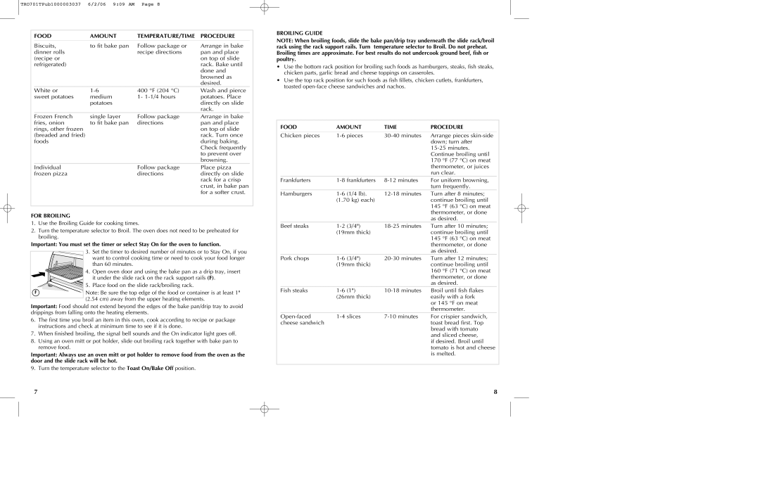 Black & Decker TRO700b manual For Broiling, Broiling Guide, Food Amount Time Procedure 