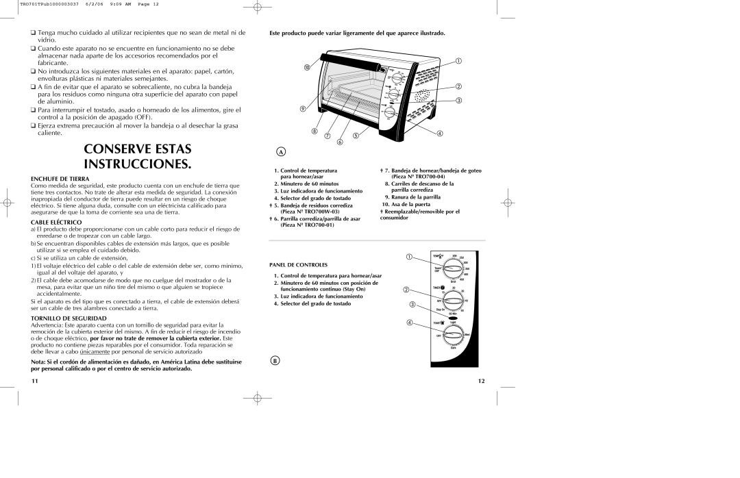 Black & Decker TRO700b manual Conserve Estas Instrucciones, Enchufe DE Tierra, Cable Eléctrico, Panel DE Controles 