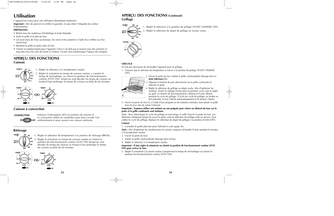 Black & Decker TRO700b manual Cuisson à convection, Rôtissage, Grillage, Régler le sélecteur à la température voulue 