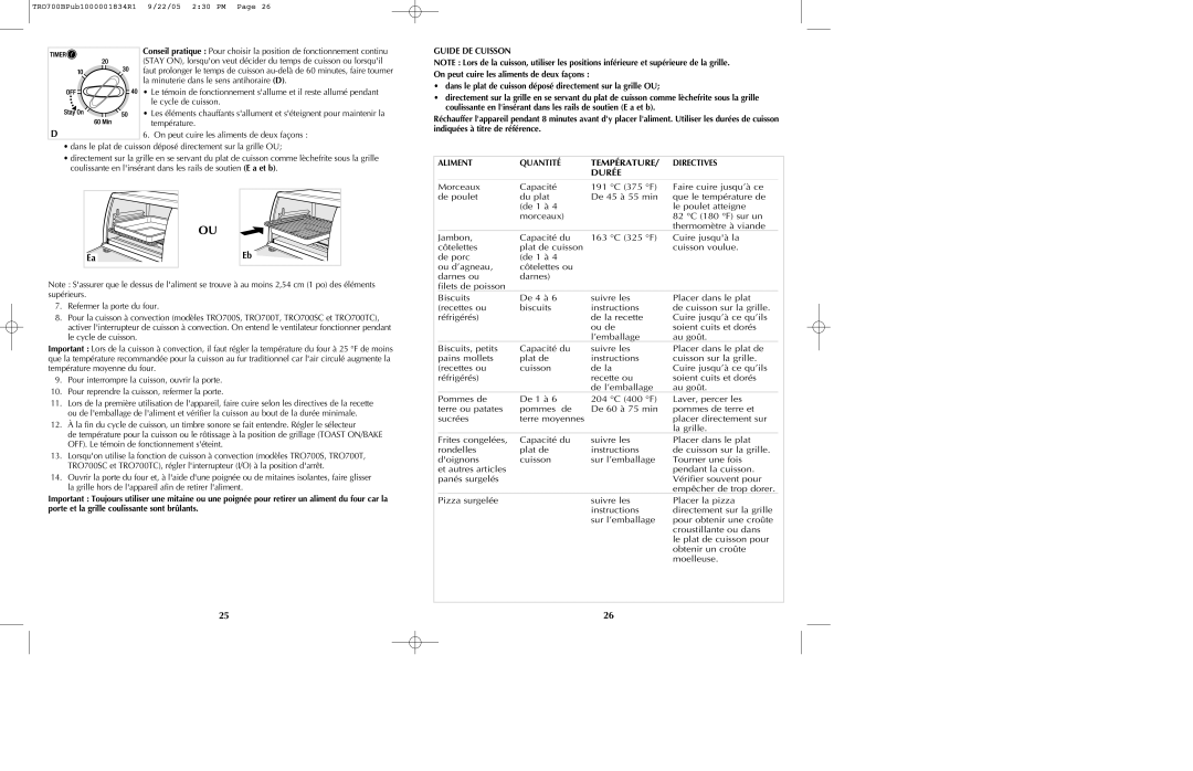 Black & Decker TRO700b manual Température, Durée, Guide DE Cuisson, Aliment Quantité, Directives 