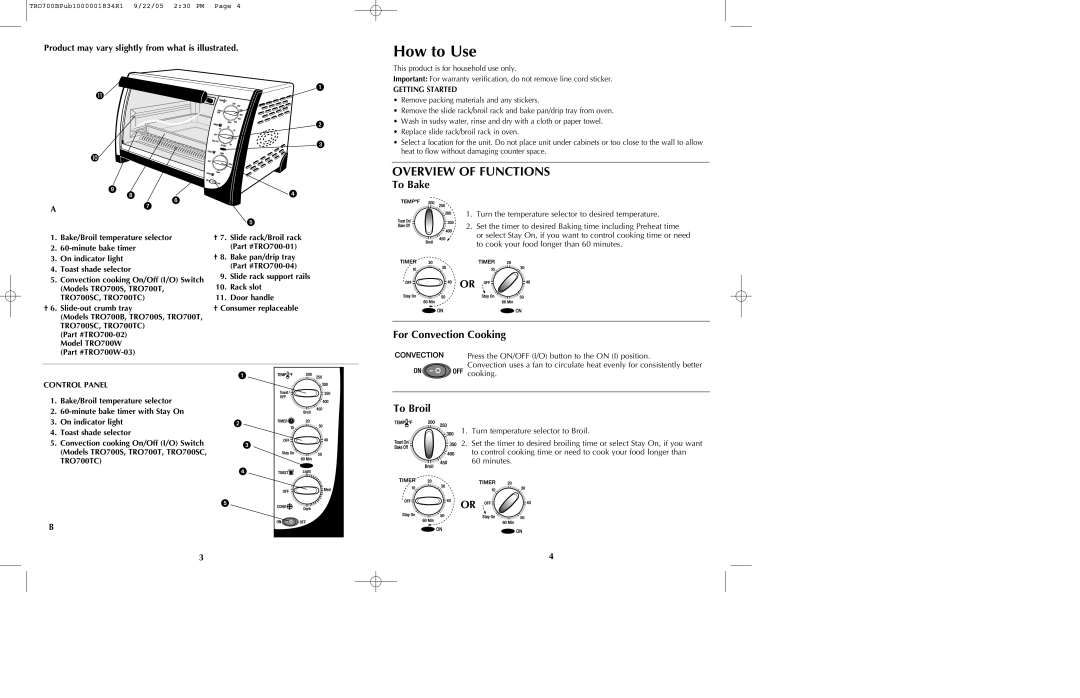 Black & Decker TRO700b manual To Bake, For Convection Cooking, To Broil, Product may vary slightly from what is illustrated 