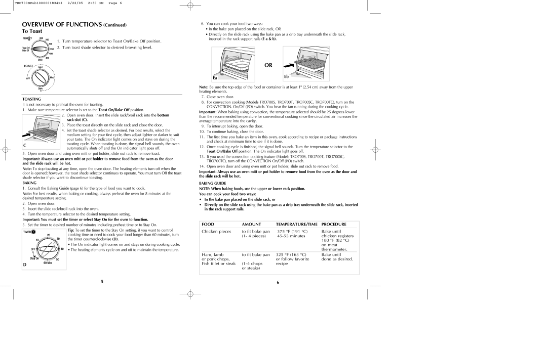 Black & Decker TRO700b manual To Toast, Food Amount TEMPERATURE/TIME Procedure 