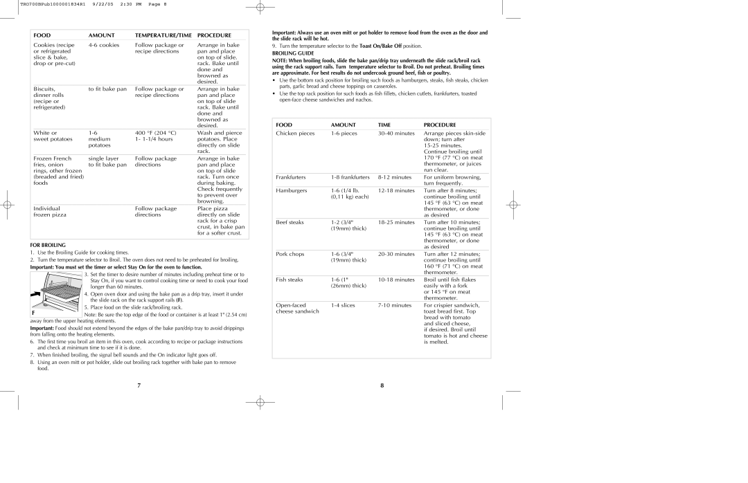 Black & Decker TRO700b manual Food Amount Time Procedure, Tomato is hot and cheese, For Broiling, Broiling Guide 