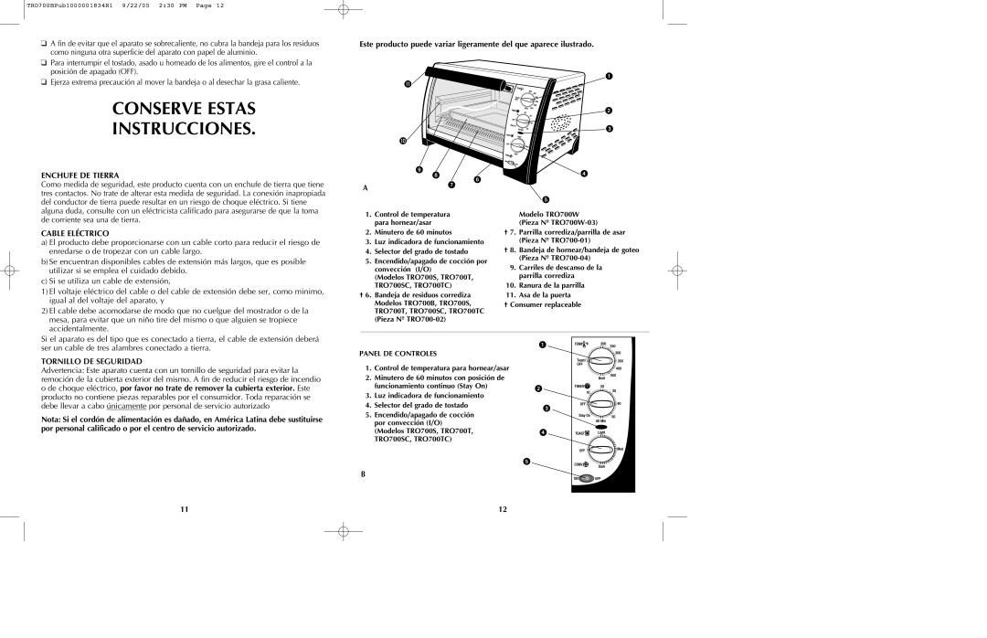 Black & Decker TRO700b manual Conserve Estas Instrucciones, Enchufe DE Tierra, Cable Eléctrico 