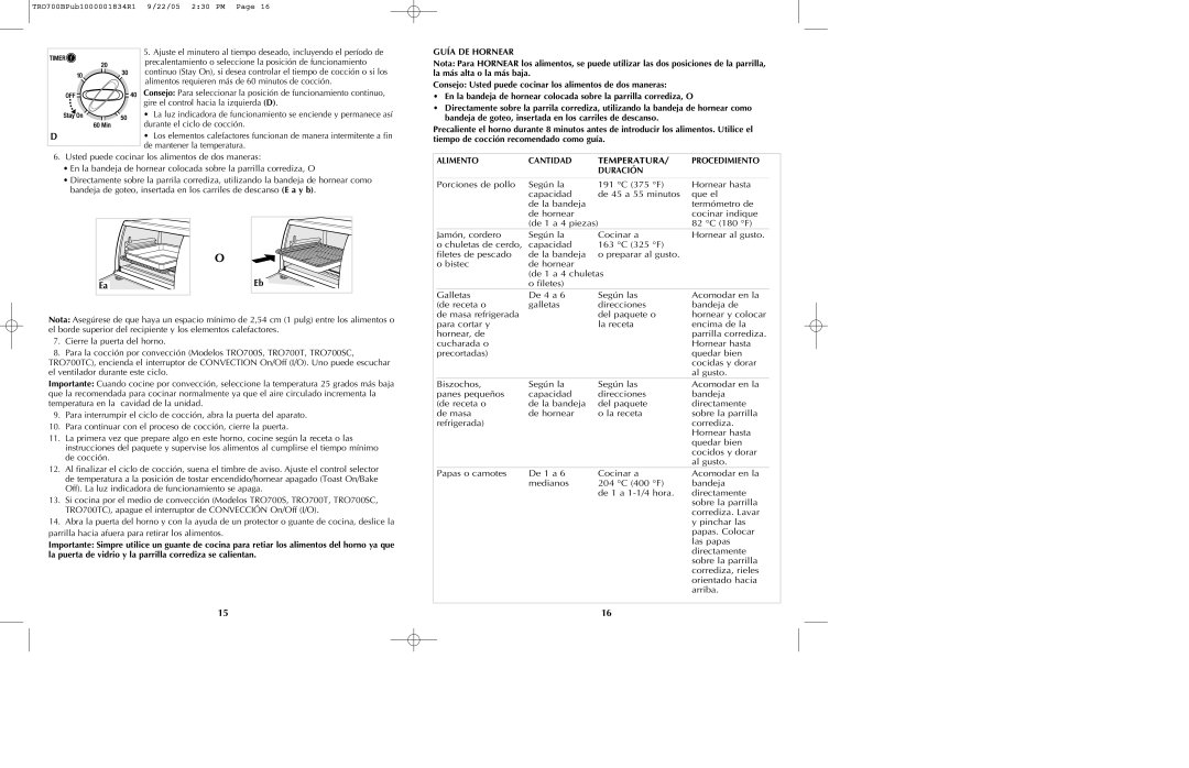 Black & Decker TRO700b manual Temperatura, Guía DE Hornear, Alimento Cantidad, Procedimiento, Duración 