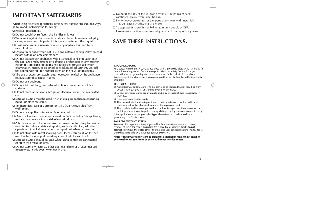 Black & Decker TRO700b manual Important Safeguards, Save These Instructions 