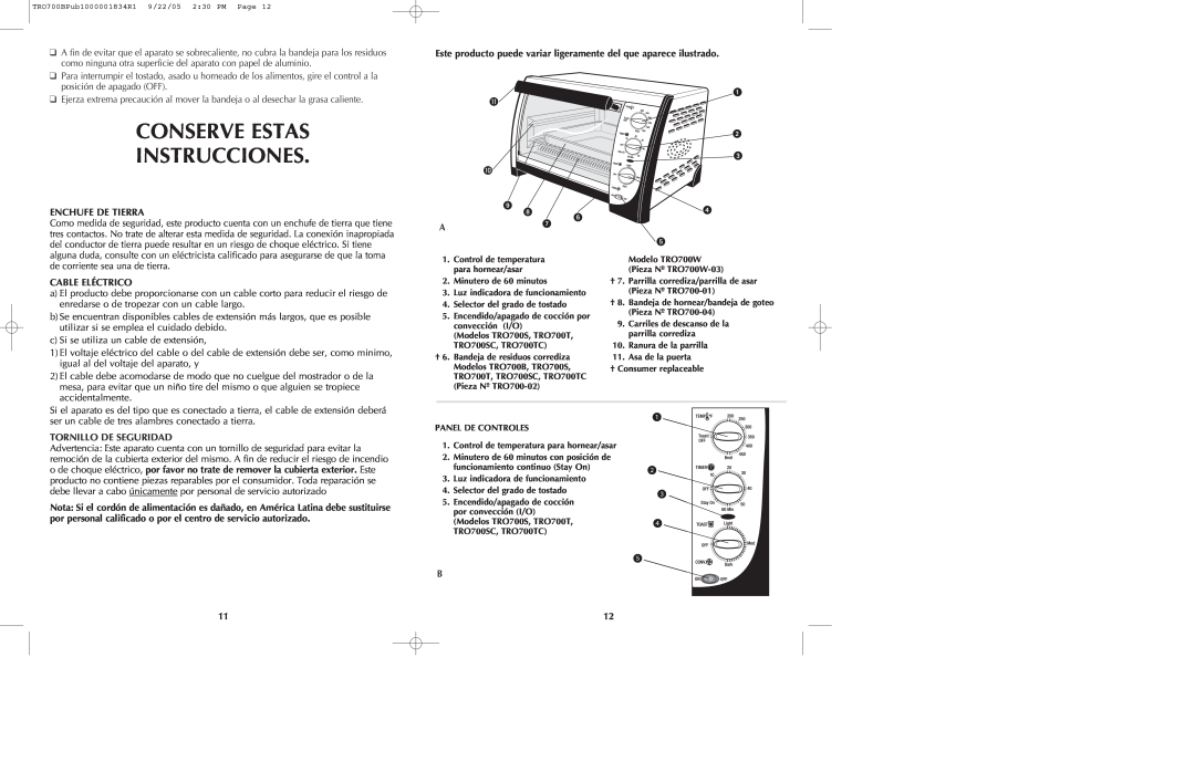 Black & Decker TRO700b manual Conserve Estas Instrucciones, Enchufe De Tierra, Cable Eléctrico, Tornillo De Seguridad 