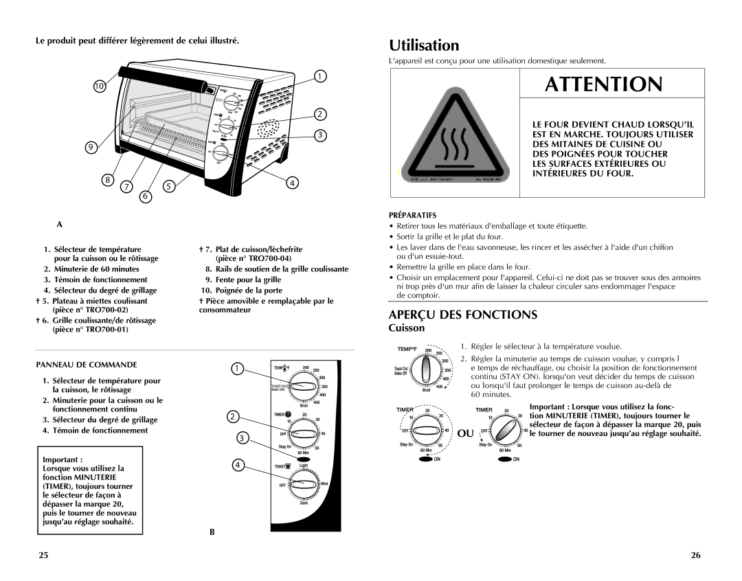 Black & Decker TRO701T, TRO700W Utilisation, Cuisson, Le produit peut différer légèrement de celui illustré, Préparatifs 