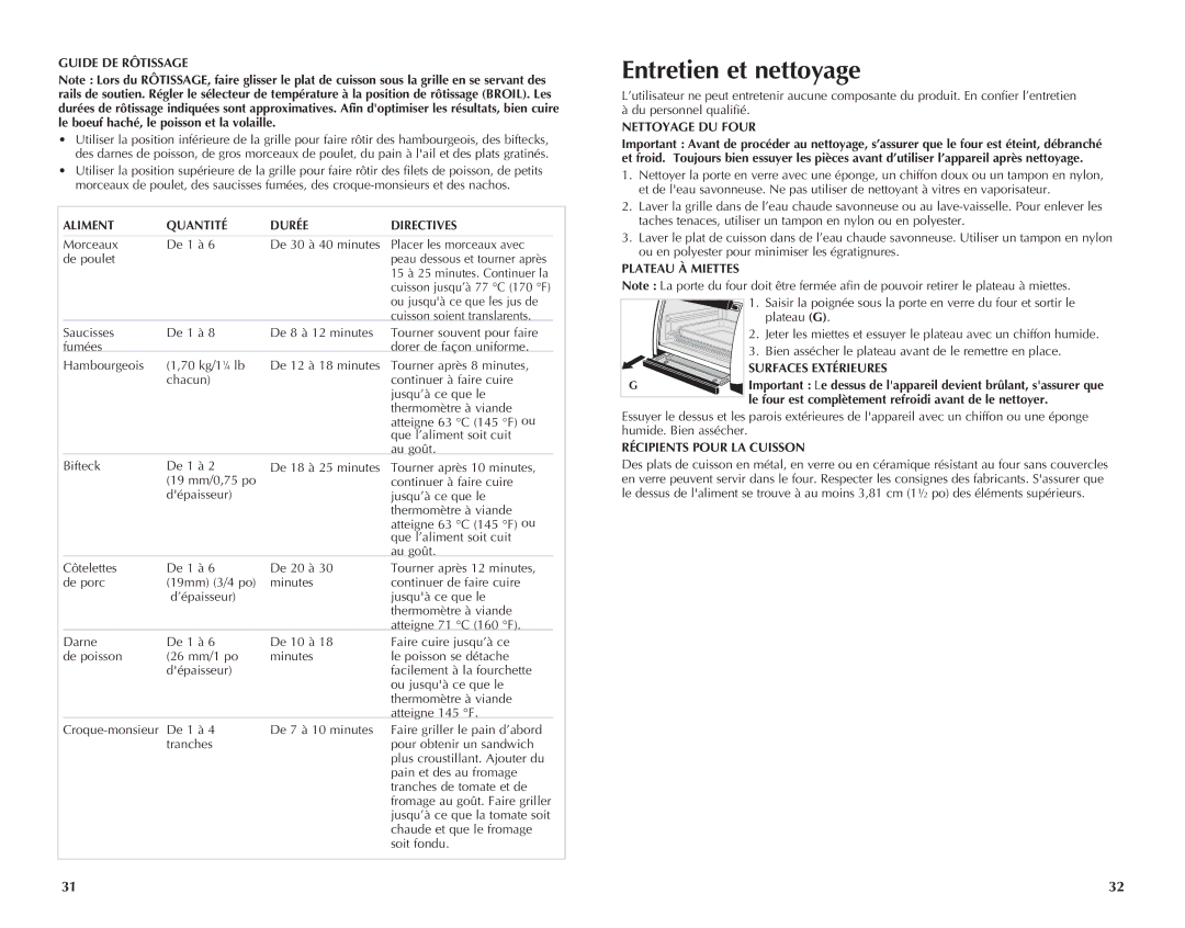 Black & Decker TRO700W, TRO701T manual Entretien et nettoyage, Guide DE Rôtissage, Aliment Quantité Durée Directives 