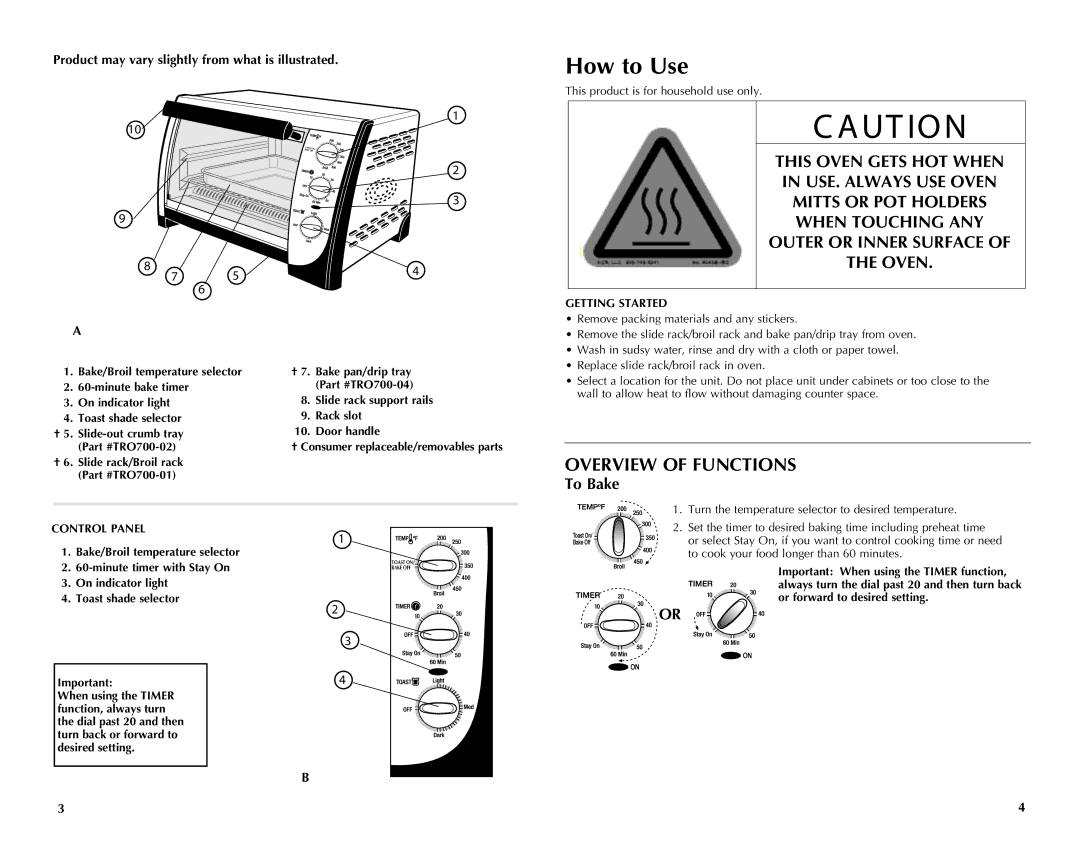 Black & Decker TRO700W, TRO701T How to Use, To Bake, Product may vary slightly from what is illustrated, Getting Started 