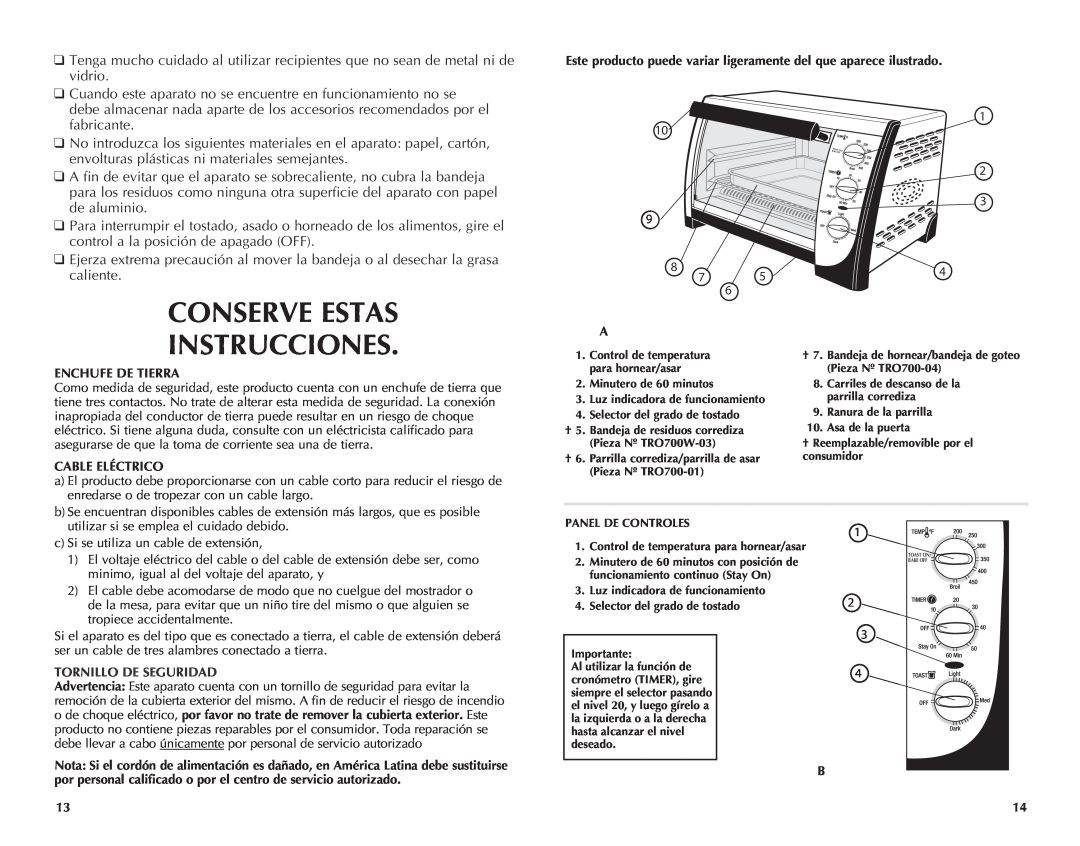 Black & Decker TRO701T, TRO700W manual Conserve Estas Instrucciones, Enchufe De Tierra, Cable Eléctrico 