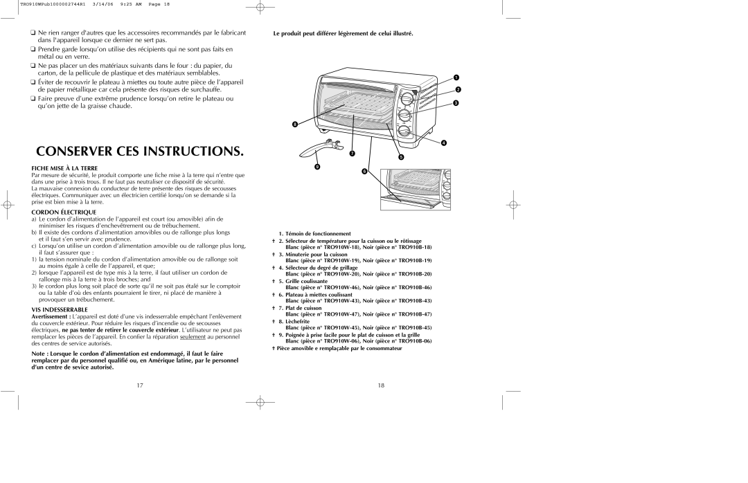 Black & Decker TRO910B, TRO910W Conserver CES Instructions, Fiche Mise À LA Terre, Cordon Électrique, VIS Indesserrable 