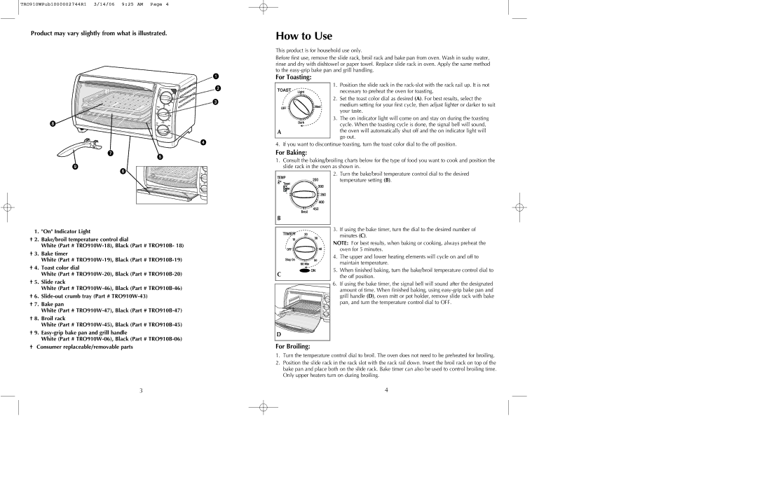 Black & Decker TRO910W, TRO910B How to Use, Product may vary slightly from what is illustrated, For Toasting, For Baking 