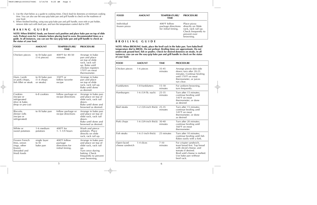 Black & Decker TRO910B, TRO910W manual K I N G G U I D E, O I L I N G G U I D E, Food Amount Temperature Procedure Time 