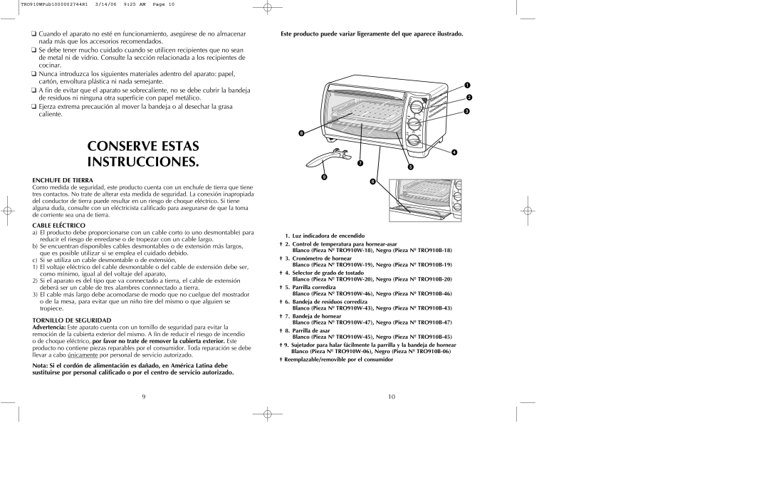 Black & Decker TRO910B, TRO910W manual Conserve Estas Instrucciones, Enchufe DE Tierra, Cable Eléctrico 