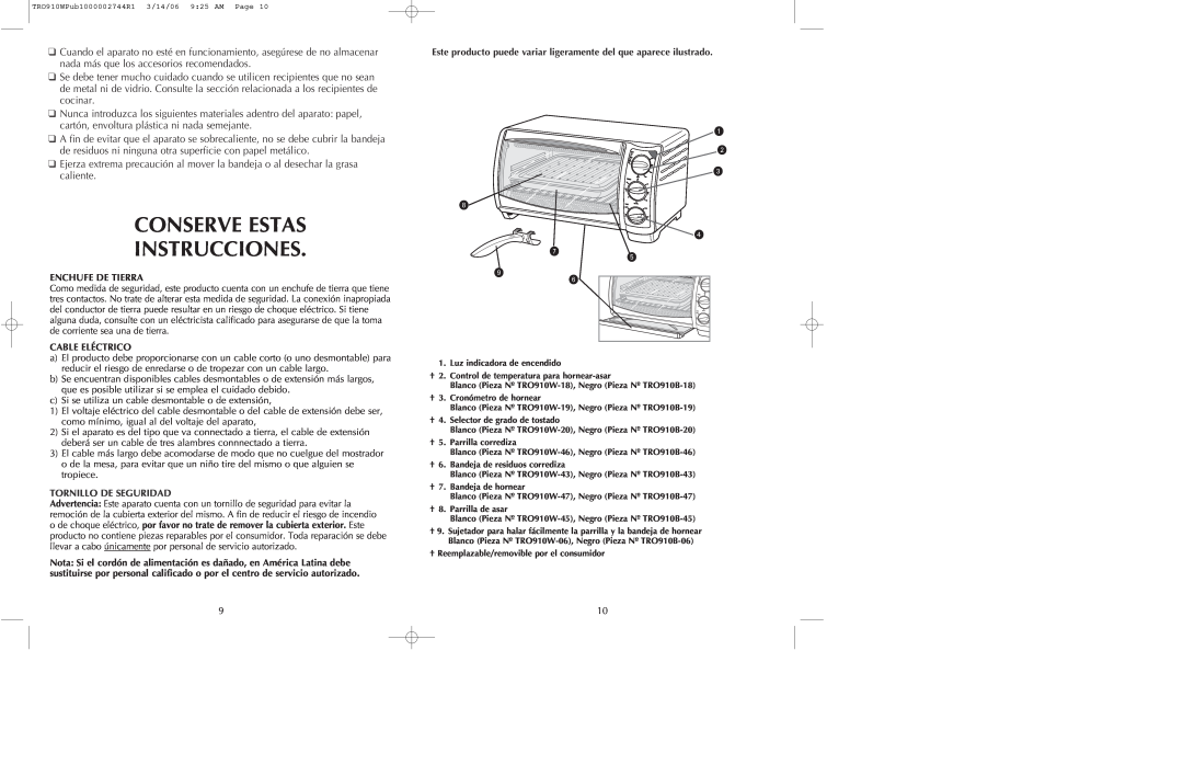 Black & Decker TRO910B, TRO910W manual Conserve Estas Instrucciones, Enchufe De Tierra, Cable Eléctrico 