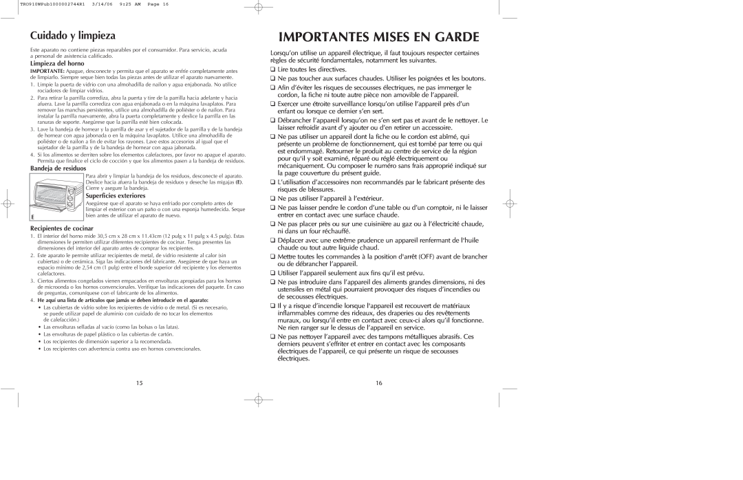 Black & Decker TRO910W, TRO910B manual Importantes Mises En Garde, Cuidado y limpieza 