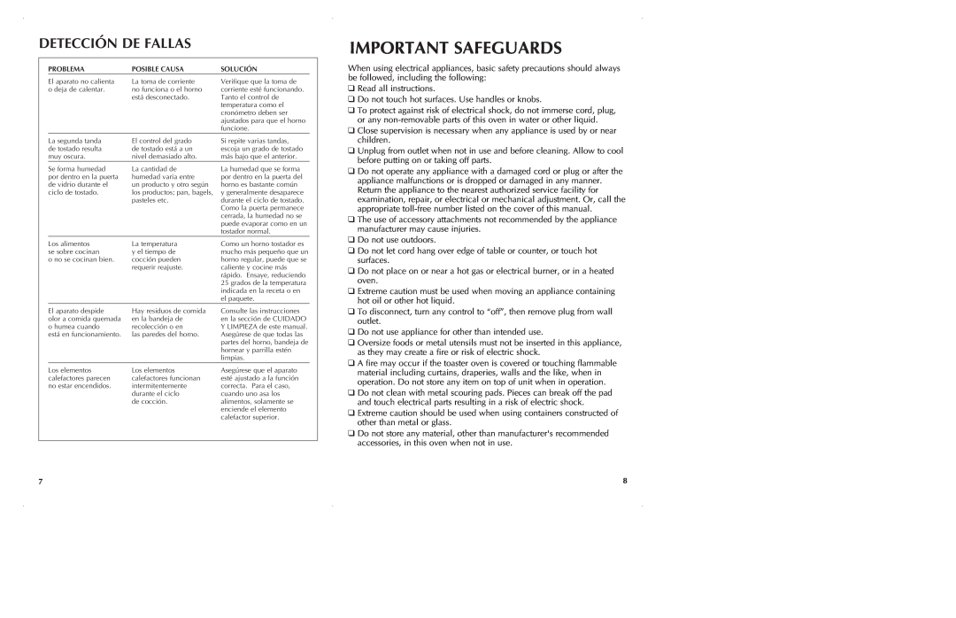 Black & Decker TRO965 manual Important Safeguards, Detección De Fallas 
