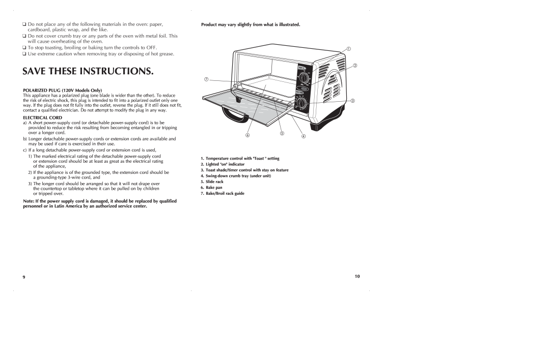 Black & Decker TRO965 manual Save These Instructions, To stop toasting, broiling or baking turn the controls to OFF 