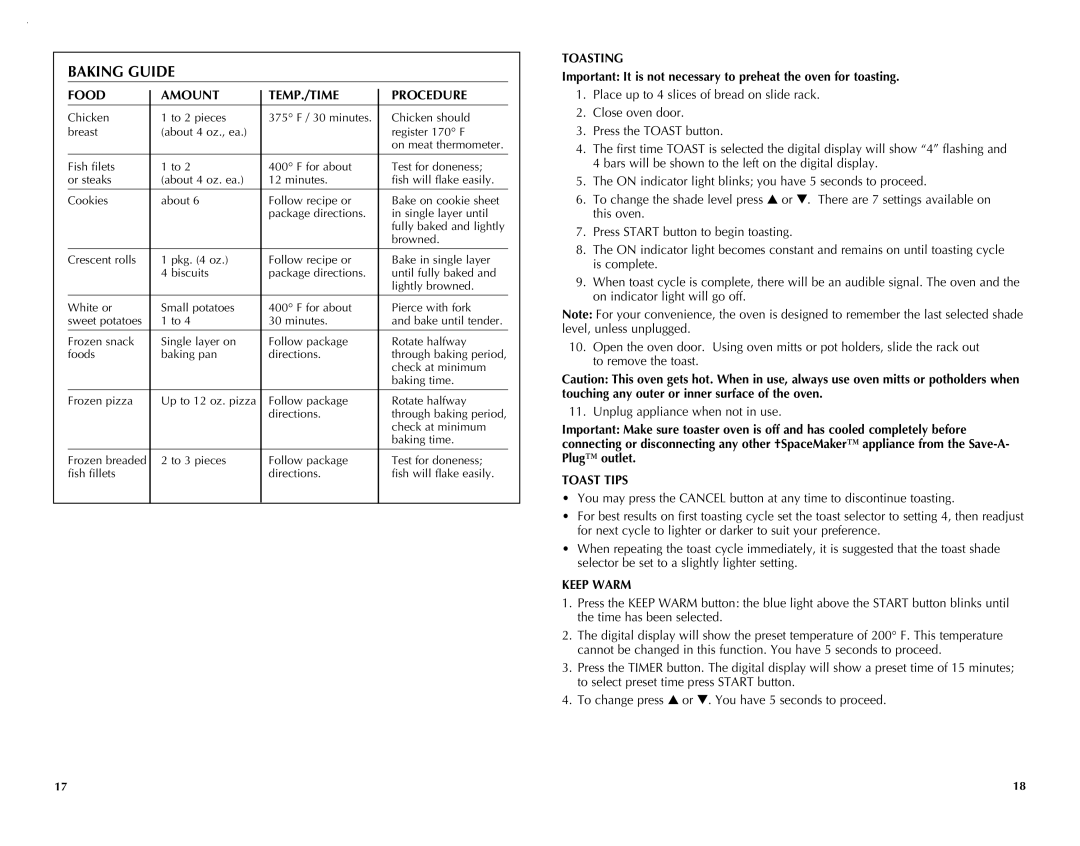 Black & Decker TROS1000Q manual Baking Guide, Food Amount TEMP./TIME Procedure, Toasting, Toast Tips, Keep Warm 