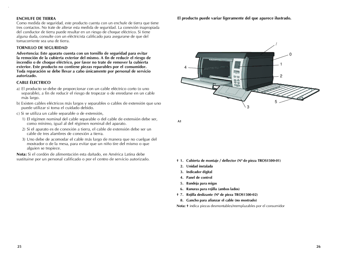 Black & Decker TROS1000Q manual Enchufe DE Tierra, Cable Électrico 