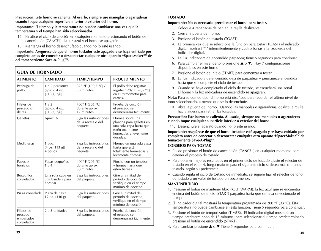 Black & Decker TROS1000 Guía DE Horneado, Alimento Cantidad TEMP./TIEMPO Procedimiento, Tostado, Consejos Para Tostar 