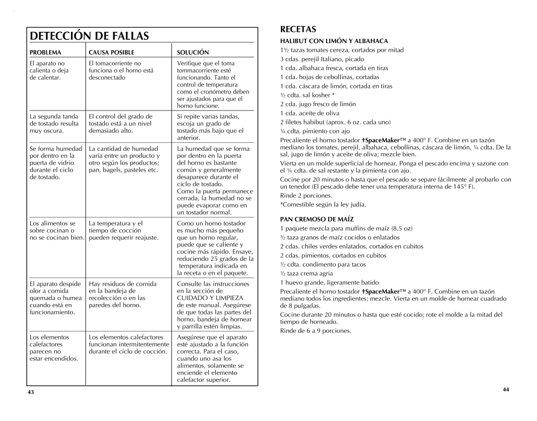 Black & Decker TROS1000Q manual Problema Causa Posible Solución, Halibut CON Limón Y Albahaca, PAN Cremoso DE Maíz 