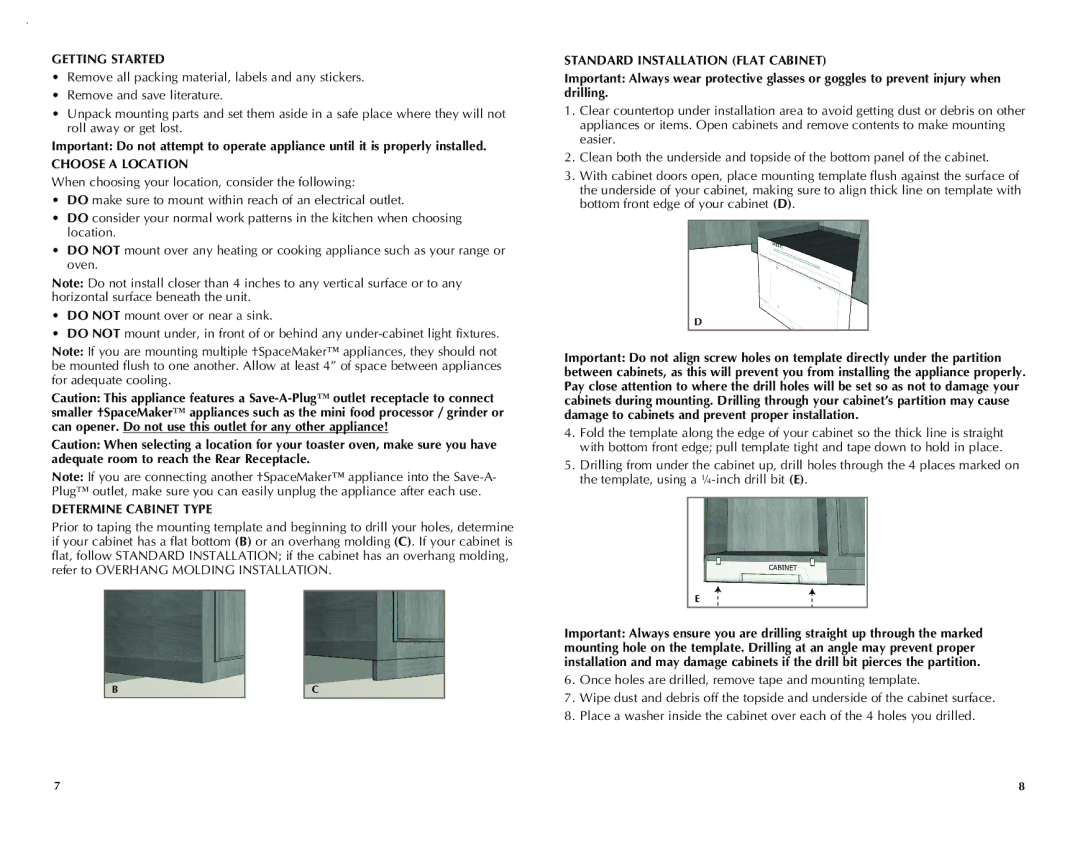 Black & Decker TROS1000 Getting Started, Choose a Location, Determine Cabinet Type, Standard Installation Flat Cabinet 