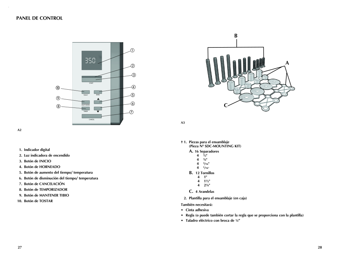 Black & Decker TROS1000 Panel De Control, Indicador digital 2.Luz indicadora de encendido, A.16 Separadores 4 ½ 4 ¼ 4 3/16 