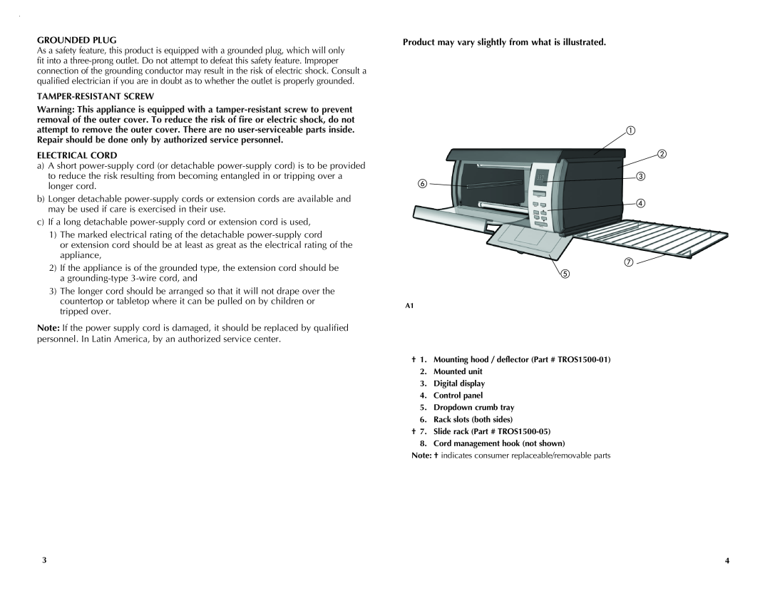 Black & Decker TROS1000Q manual Grounded Plug, Tamper-Resistantscrew, Electrical Cord 