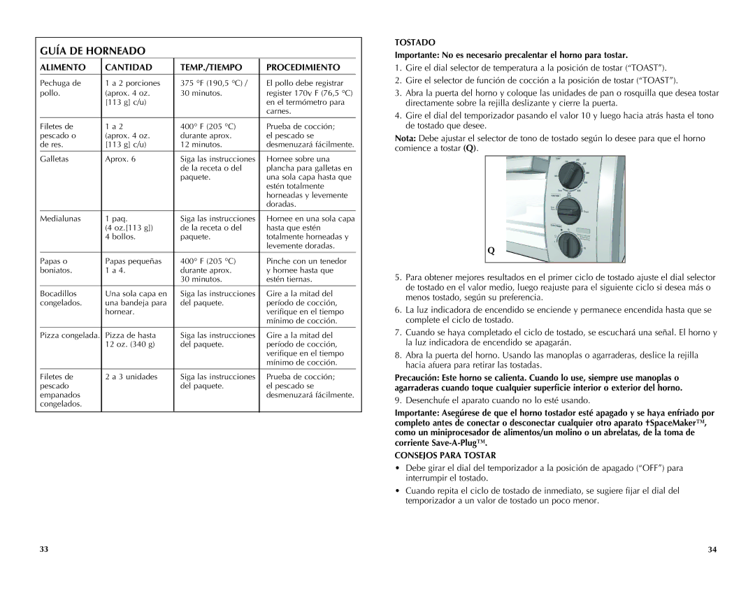 Black & Decker TROS1500B manual Alimento Cantidad TEMP./TIEMPO Procedimiento, Tostado, Consejos Para Tostar 