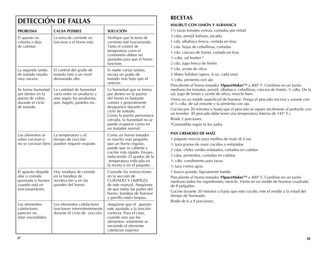 Black & Decker TROS1500B manual Problema Causa Posible Solución, Halibut CON Limón Y Albahaca, PAN Cremoso DE Maíz 