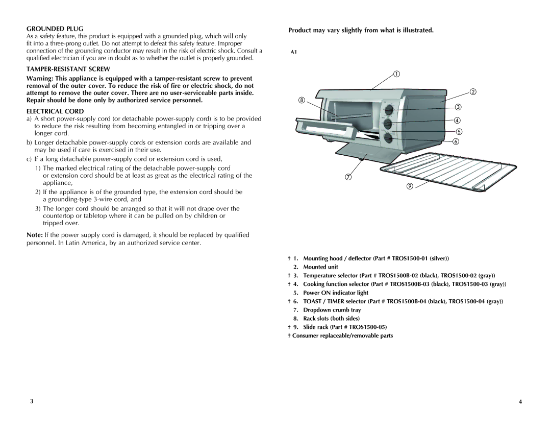 Black & Decker TROS1500B manual Grounded Plug, Electrical Cord, Product may vary slightly from what is illustrated 